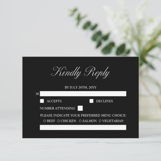 Elegant Script minimalistisch formeel zwart bruilo RSVP Kaartje (Staand voorkant)