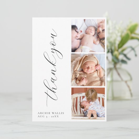 Elegant Script minimalistisch fotocollage nieuwe b Bedankkaart (Staand voorkant)