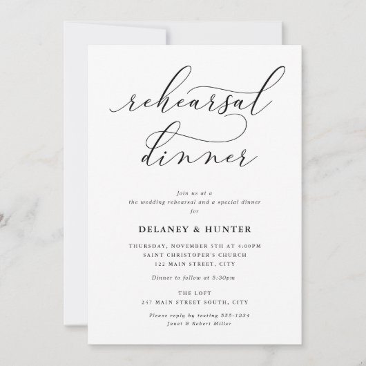 Elegant script minimalistische bruiloft repetitie kaart (Voorkant)