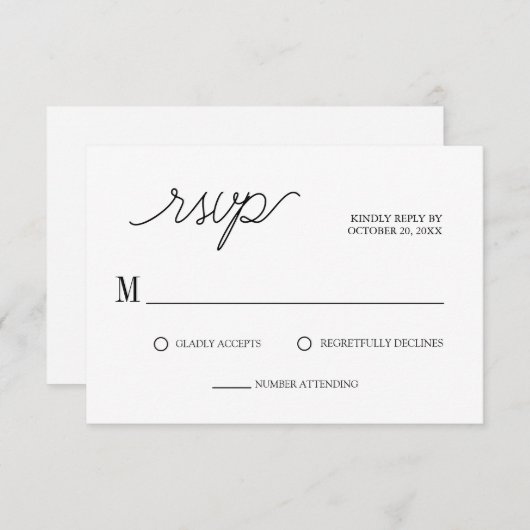 Elegant script minimalistische witte bruiloft RSVP kaartje (Voorkant / Achterkant)