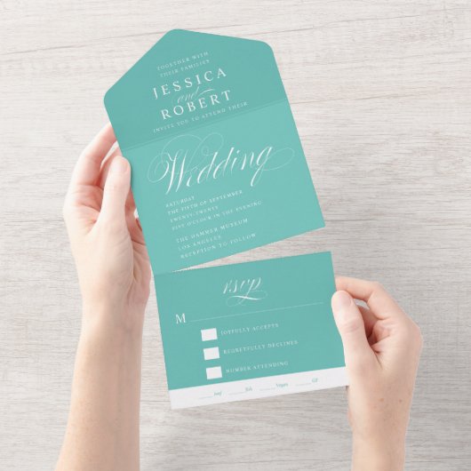 Elegant Script Mint en White Calligraphy Wedding All In One Uitnodiging (Afscheurbaar)