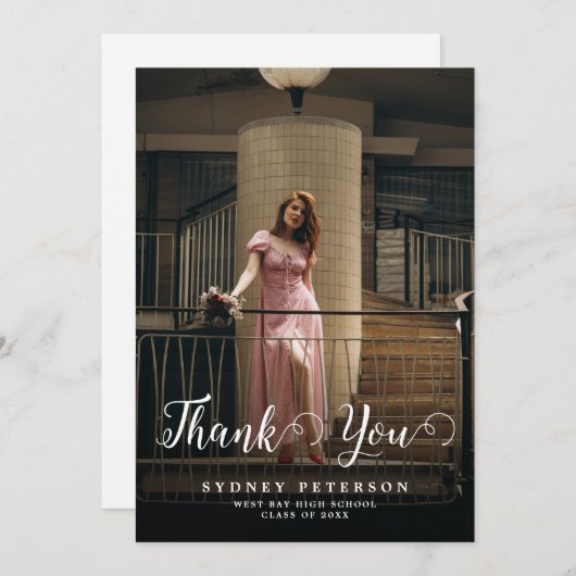 Elegant Script Modern 2 foto Eenvoudig Afstuderen Bedankkaart (Voorkant / Achterkant)