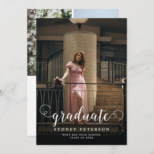 Elegant Script Modern 3 Foto Afstuderen Aankondiging (Voorkant / Achterkant)