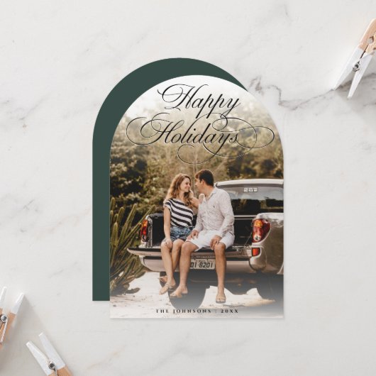 Elegant Script Modern Arch 1 Photo Christmas Card Kaart (Voorkant / Achterkant in situ)