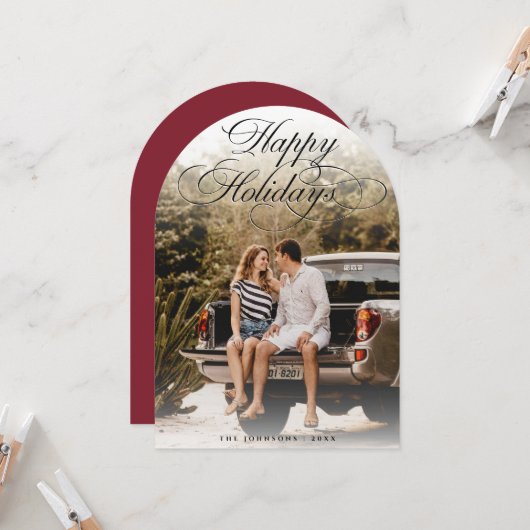 Elegant Script Modern Arch 1 Photo Christmas Card Kaart (Voorkant / Achterkant in situ)