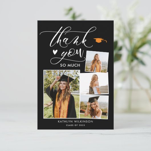 Elegant Script Modern Black 4 Photo Afstuderen Bedankkaart (Staand voorkant)