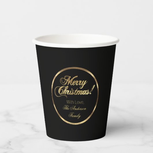 Elegant Script Modern Black en Gold Kerstmis Papieren Bekers (Voorkant)