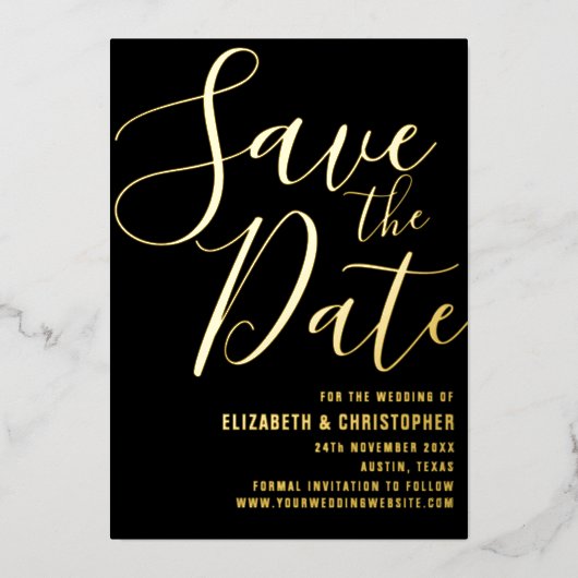 Elegant Script Modern Black & Gold Save the Date Folie Uitnodiging (Voorkant)