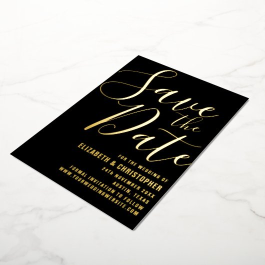 Elegant Script Modern Black & Gold Save the Date Folie Uitnodiging (Gedraaid)
