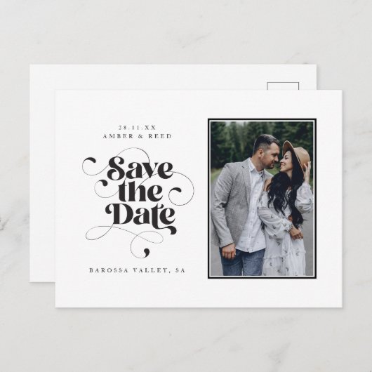 Elegant Script Modern Black White Art Design Foto Aankondigingskaart (Voorkant / Achterkant)