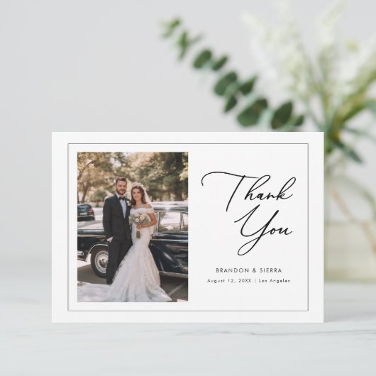 Elegant Script Modern Boho Huwelijks Foto Bedankkaart (Staand voorkant)