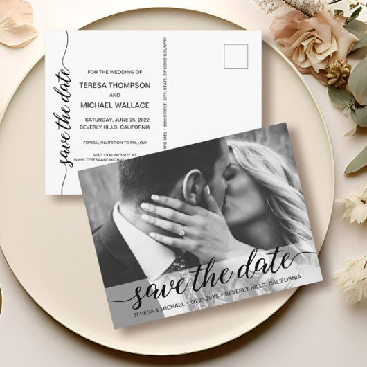 Elegant Script Modern bruiloft verloving Foto Briefkaart