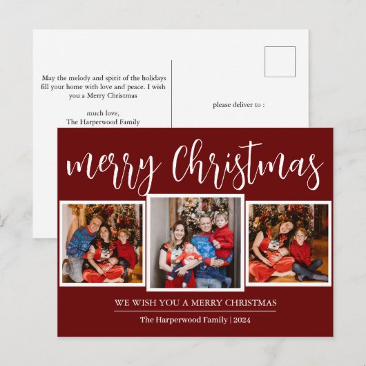 Elegant Script Modern Christmas Family 3 Foto Feestdagenkaart (Voorkant / Achterkant)