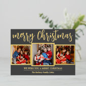 Elegant Script Modern Christmas Family 3 Foto Folie Feestdagenkaart (Staand Voorkant)