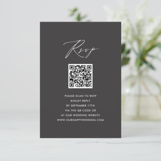 Elegant Script Modern Grijs Eenvoudig QR Bruiloft  RSVP Kaartje (Staand voorkant)