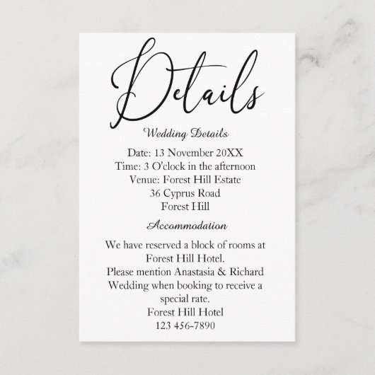 Elegant Script Modern Minimalistisch Bruiloft Deta Informatiekaartje (Voorkant)