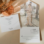 Elegant Script Modern Photo Wedding All In One Uitnodiging<br><div class="desc">Deze elegante All-In-One Uitnodiging van de Weddenschap kenmerkt een het vegen tekst van de manuscriptkalligrafie die met een klasbare serif & een moderne sans doopvont in zwart,  met een fotobekleding op de voorzijde en een klantgericht monogram op de rug in kaart wordt gebracht. Overeenkomende objecten beschikbaar.</div>