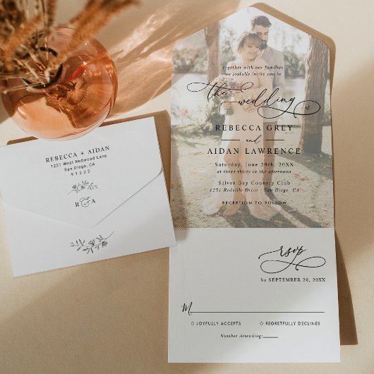 Elegant Script Modern Photo Wedding All In One Uitnodiging