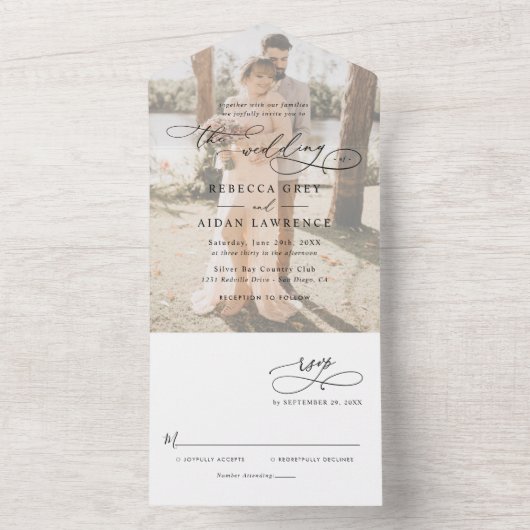 Elegant Script Modern Photo Wedding All In One Uitnodiging (Binnen)