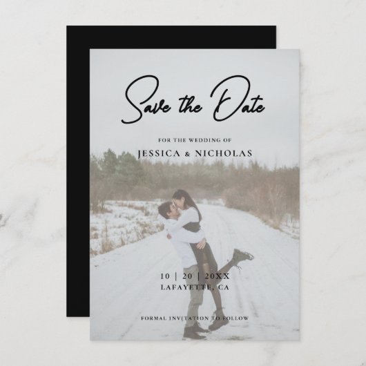 Elegant Script Modern Photo Wedding Save The Date (Voorkant / Achterkant)