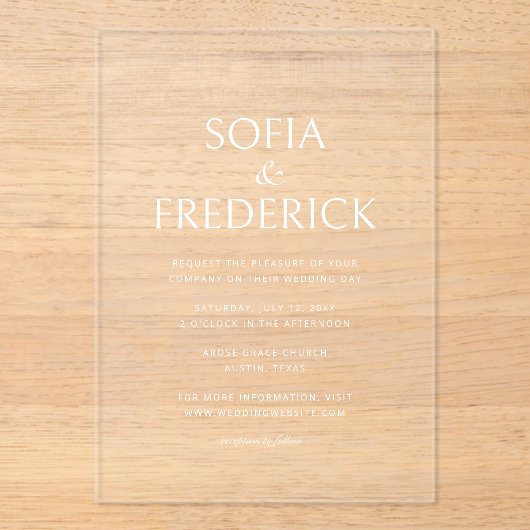 Elegant Script Modern Transparent White Acryl Uitnodigingen (Voorkant)