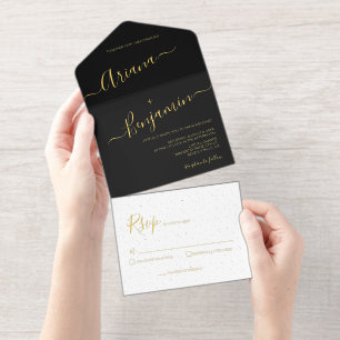 Elegant script Modern Zwart Wit Goud Minimalist All In One Uitnodiging