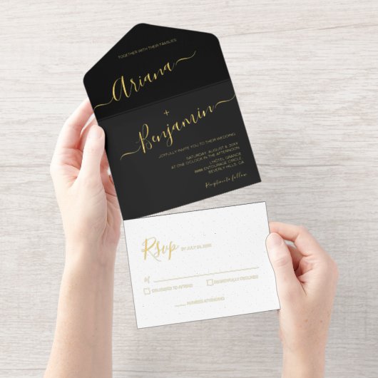 Elegant script Modern Zwart Wit Goud Minimalist All In One Uitnodiging (Uittrekbaar)