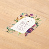 Elegant script Moderne Bourgondische bloemendoop Acryl Uitnodigingen (Laagn)