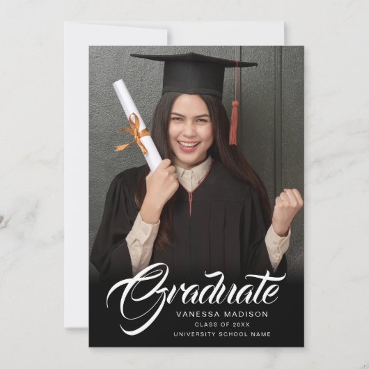 Elegant script | Moderne foto van Afstudeerder Aankondiging (Voorkant)