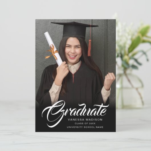 Elegant script | Moderne foto van Afstudeerder Aankondiging (Staand voorkant)