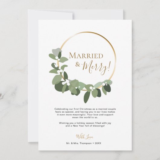 Elegant script Moderne krans Getrouwd en vrolijk Feestdagenkaart (Voorkant)