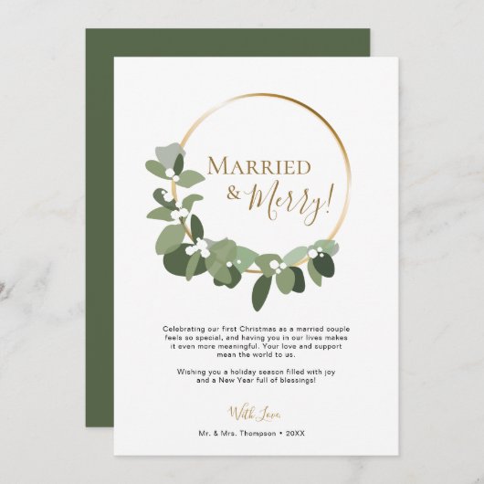 Elegant script Moderne krans Getrouwd en vrolijk Feestdagenkaart (Voorkant / Achterkant)