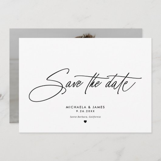 Elegant script Moderne minimalistische fotobruilof Save The Date (Voorkant / Achterkant)