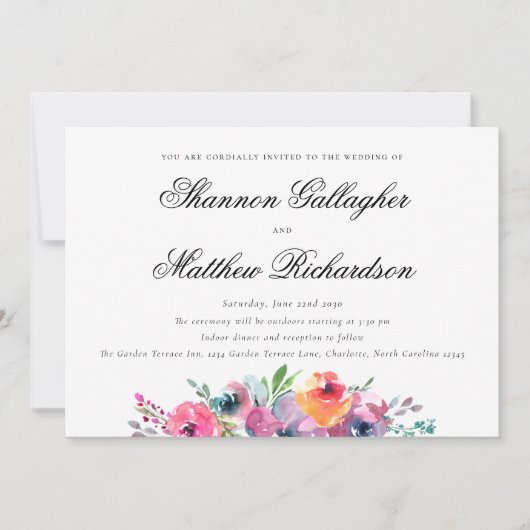 Elegant Script Moderne Waterverf Floral Wedding Kaart (Voorkant)
