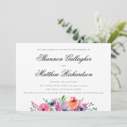 Elegant Script Moderne Waterverf Floral Wedding Kaart (Staand voorkant)