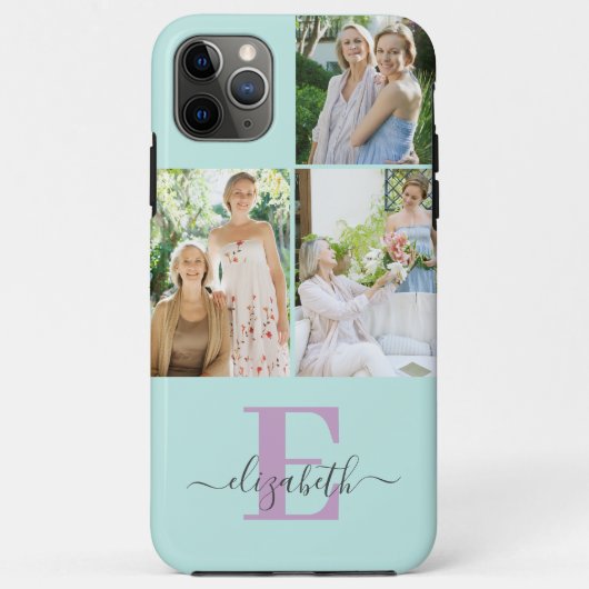 Elegant Script Monogram 3 Photo Mint en Lila Case-Mate iPhone Case (Achterkant)