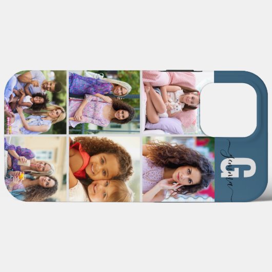 Elegant Script Monogram 6 Foto blauw en grijs Case-Mate iPhone Case (Achterkant (horizontaal))