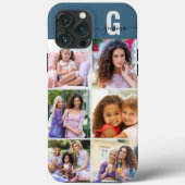 Elegant Script Monogram 6 Foto blauw en grijs Case-Mate iPhone Case (Achterkant)