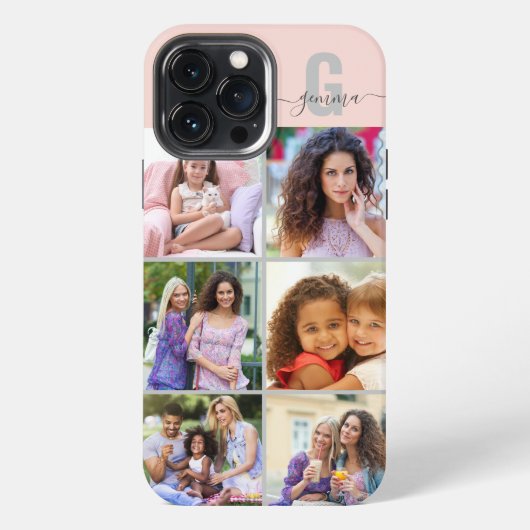 Elegant Script Monogram 6 Foto Roze en Grijs iPhone Hoesje (Achterkant)
