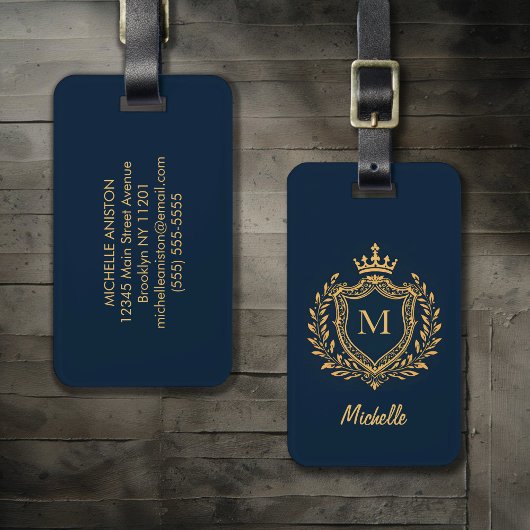 Elegant script Monogram Aangepast marineblauw goud Bagagelabel