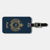 Elegant script Monogram Aangepast marineblauw goud Bagagelabel (Voorkant horizontaal)