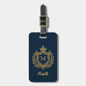 Elegant script Monogram Aangepast marineblauw goud Bagagelabel (Voorkant verticaal)
