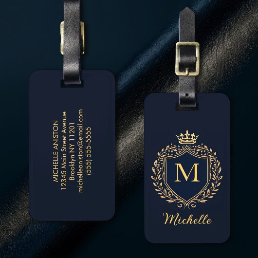 Elegant script Monogram Aangepaste Luxe Zwart Goud Bagagelabel