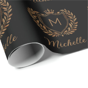 Elegant script Monogram Aangepaste Luxe Zwart Goud Cadeaupapier