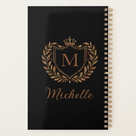 Elegant script Monogram Aangepaste Luxe Zwart Goud Planner (Achterkant)