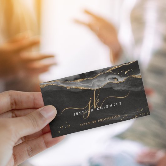 Elegant Script Monogram Black Agate Gold Glitter Visitekaartje