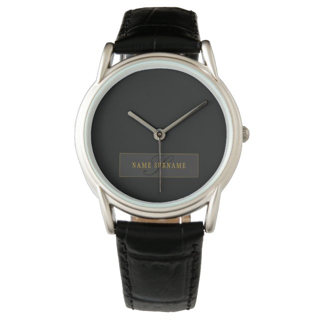 Elegant Script Monogram Black & Gold Horloge (Voorkant)