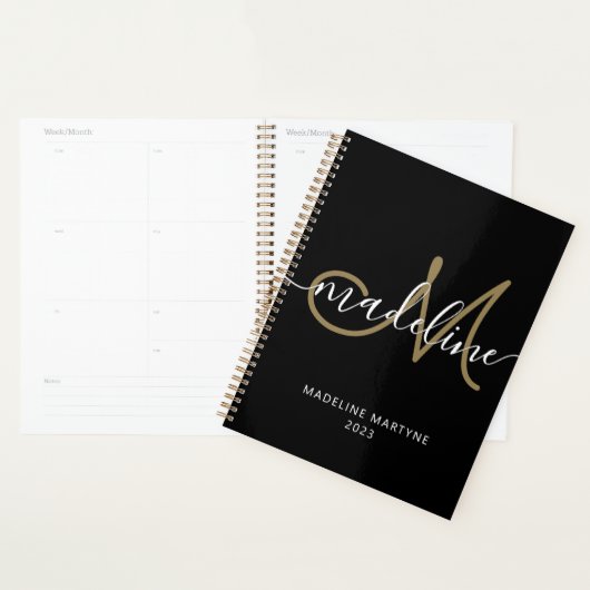 Elegant Script Monogram Black Gold Planner (Display)