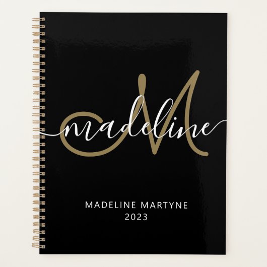 Elegant Script Monogram Black Gold Planner (Voorkant)