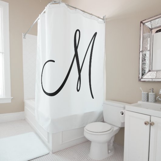 Elegant Script Monogram Black White Initiaal Douchegordijn (In situ)